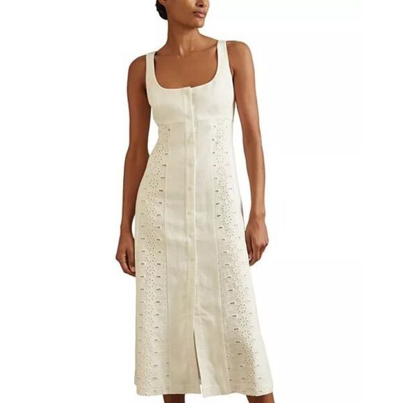 Reiss Women's Ivory Clarice Linen Broderie Midi Dress Size 10 NWOT - Picture 1 of 11